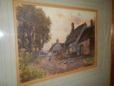 A gilt framed and glazed watercolour, farm yard scene, signed but indistinct.