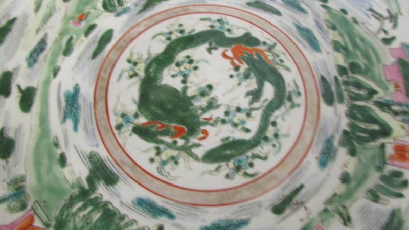 A 19C Chinese hand painted charger with impressed makers mark, 33.5 cm diameter. Collect only. - Image 2 of 3