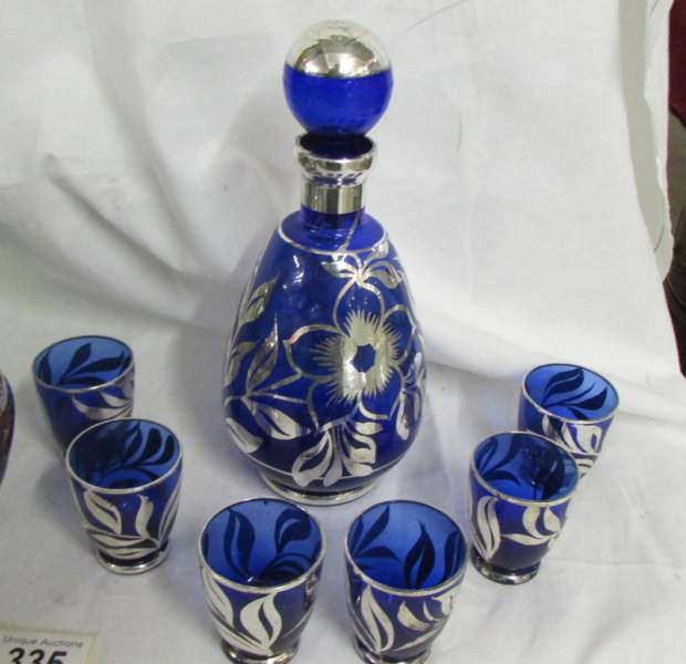 Five coloured glass vases decorated with silver and a blue glass decanter with 6 glasses also - Image 2 of 7