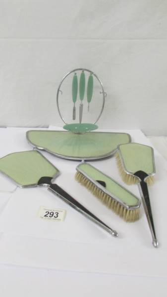 An art deco dressing table set comprising tray with manicure items. hand mirror and two brushes. - Image 3 of 6