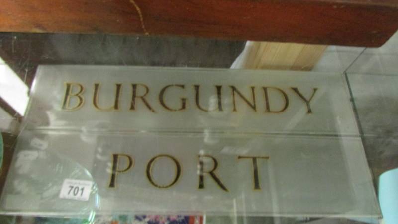 Two gilded bar signed on frosted glass for Burgundy and Port. Collect only.