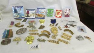 A good selection of modern cap badges, small medals etc.,