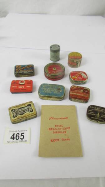 A quantity of gramaphone needles in tins, HMV, Columbia, Edison Bell etc.,