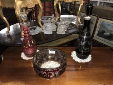 2 Bohemian glass decanters and a bowl