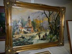 A large gilt framed painting on canvas signed G E Messey. 91.5 x 66 cm. (collect only).