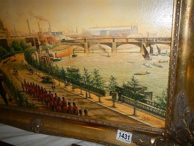 A gilt framed oil on canvas of a vintage London scene by Len Mutton? 53 x 90 cm. (collect only). - Image 3 of 4