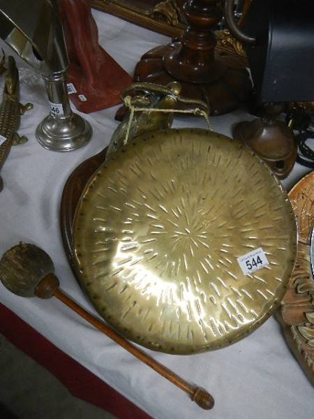 A brass dinner gong. Overall in good condition for age.String holding gong in place.A replacement - Image 3 of 5