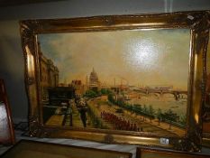 A gilt framed oil on canvas of a vintage London scene by Len Mutton? 53 x 90 cm. (collect only).