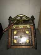 A Victorian/Edwardian mahogany coal box with brass embellishments & extract shovel. Collect only.