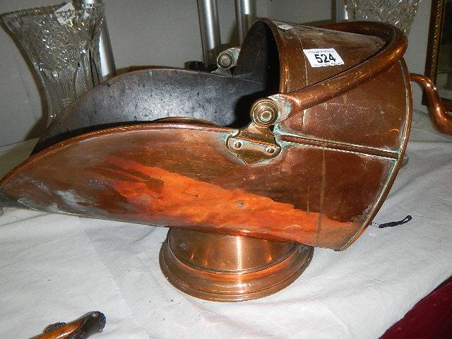 A copper coal scuttle and a copper measure. Collect only.