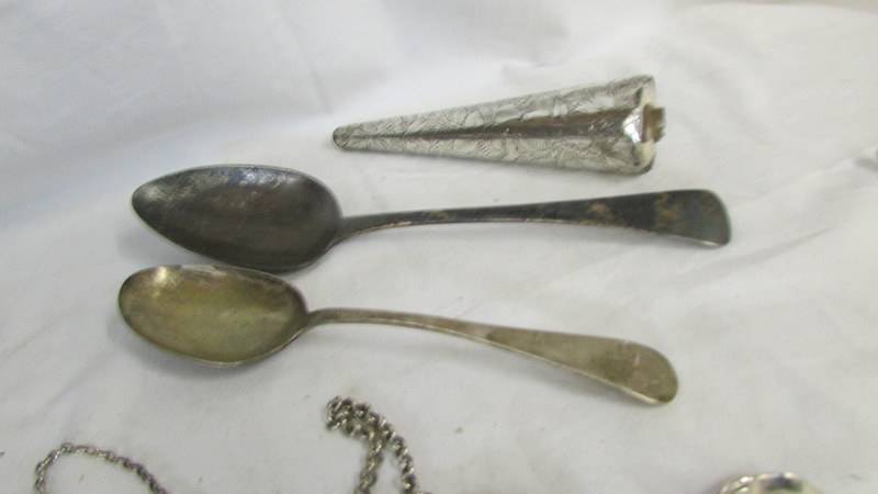 Two silver spoons, two silver spirit lables, A Victorian cone shaped perfume bottle a/f, etc., - Image 3 of 4