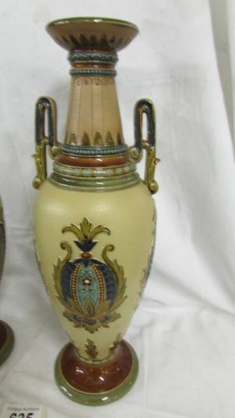 A pair of Mettlach vases, 15" high, number 2505. Other numbers on base are 1 and 34. Beige ground - Image 2 of 4