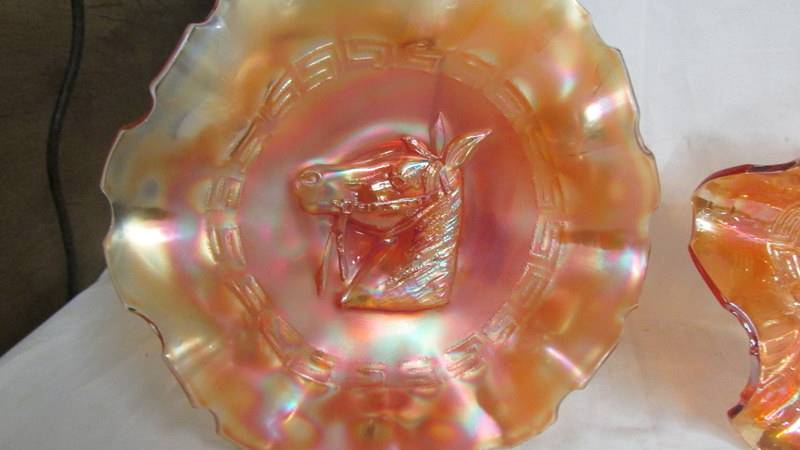 Two Ducas marigold 9" pony carnival glass bowls. - Image 3 of 3