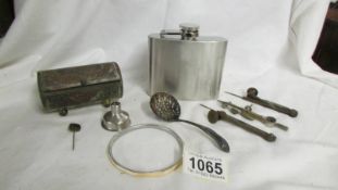 A mixed lot including hip flask, metal box, compasses etc.,