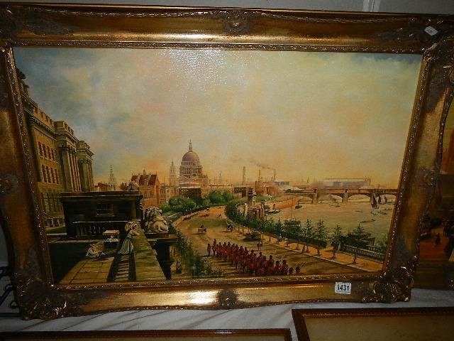 A gilt framed oil on canvas of a vintage London scene by Len Mutton? 53 x 90 cm. (collect only). - Image 4 of 4
