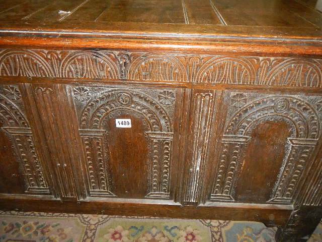 A period oak carved linen chest. Collect only. - Image 2 of 4