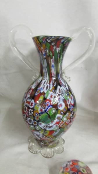 Three millifiori glass vases, a millifiori glass jug and a small millifiori paperweight. - Image 3 of 6