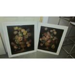 A pair of white framed floral oil paintings on canvas. Collect only.