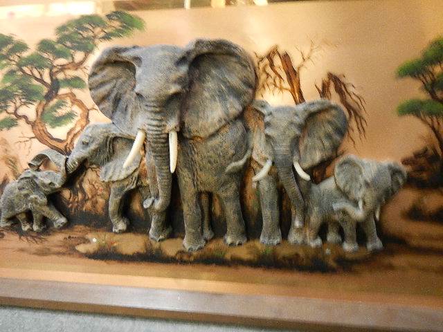 A large copper 3D plaque depicting elephants. 157 x 50 cm. (some tusks loose.) - Image 2 of 3