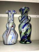 2 tall multi coloured art glass vases. Collect only.