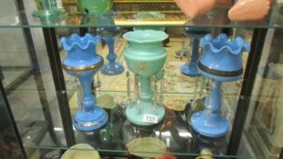 Two blue and one green Victorian glass lustre's. (Missing some droppers). Collect only.