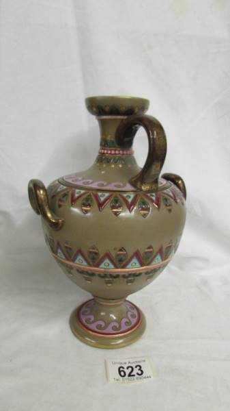 A Sarreguemines 9" high urn with two side handles and one neck handle. Various markings underneath - Image 2 of 4