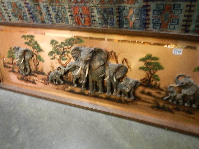 A large copper 3D plaque depicting elephants. 157 x 50 cm. (some tusks loose.) - Image 3 of 3