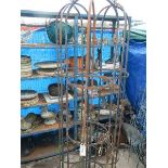 3 wrought iron strap & tube plant obelisks, (a/f, tops corroded). 222 cm tall. Collect only.