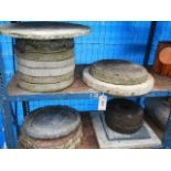 A quantity of plain and decorative round and square concrete slabs. (Collect only).