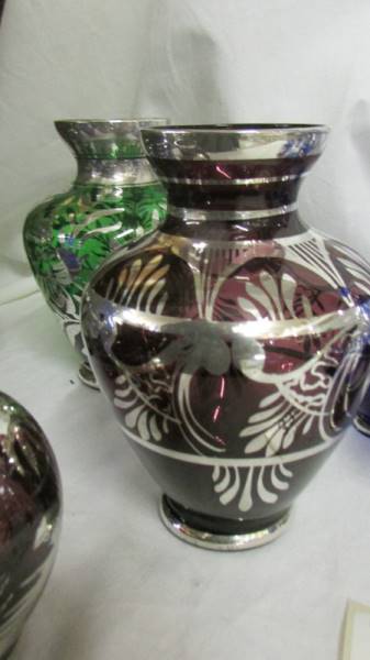 Five coloured glass vases decorated with silver and a blue glass decanter with 6 glasses also - Image 3 of 7