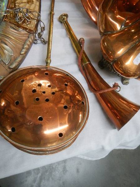 Three polished copper trays, a copper chestnut roaster, copper coffee pot and copper horn, Collect - Image 3 of 3