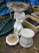 A cherub plinth bird bath, a mounted brass sundial and a plinth. Collect only.