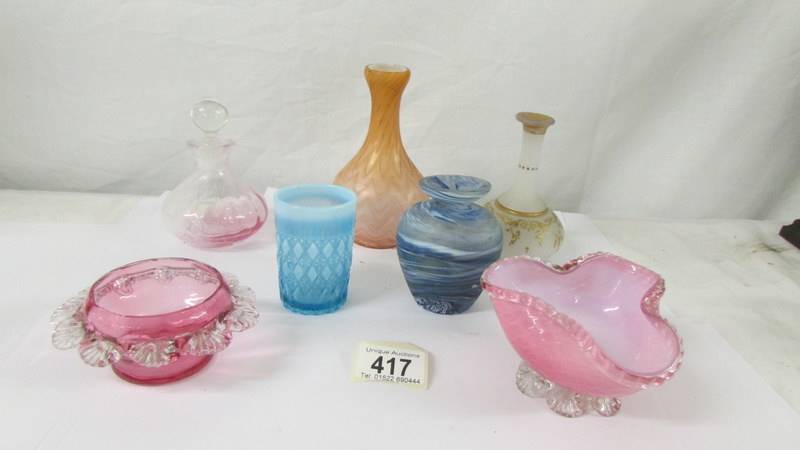 Seven piece of coloured glass including scent bottle, vases, dishes etc.,