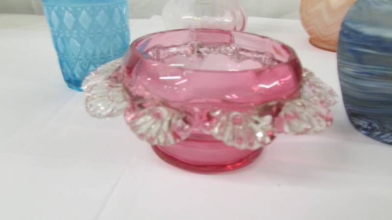 Seven piece of coloured glass including scent bottle, vases, dishes etc., - Image 8 of 8