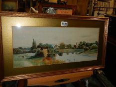 A gilt framed watercolour. 67 x 35 cm Collect only.
