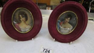 Two fine miniature portraits of young ladies in oval velvet frames, initialled bz.