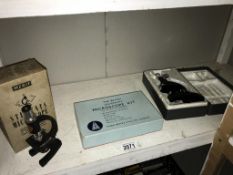 2 vintage microscopes, Merit students & a Britex universal microscope kit