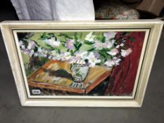 A 20th century British school still life with flowers on table top, framed & glazed. Collect only.