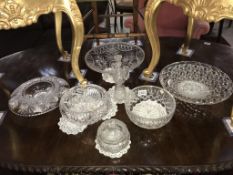 A cut glass bowl, vase, powder bowl and trinket box, plus 2 bowls