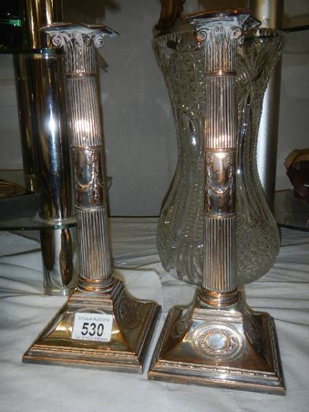 A pair of silver plate Corinthian column candlesticks, 31 cm tall. - Image 2 of 3