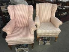 A pair of candy stripe wing arm chairs on Queen Anne legs