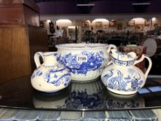 A Delft blue & white oil bottle, a Woods teapot & Booths chamber pot