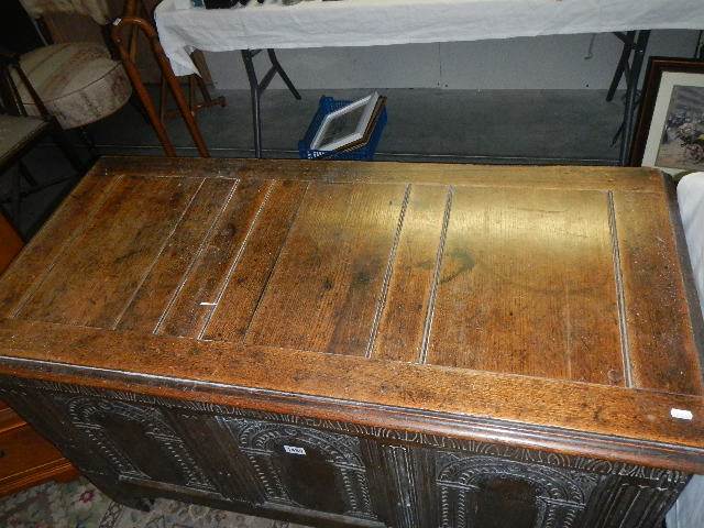 A period oak carved linen chest. Collect only. - Image 3 of 4