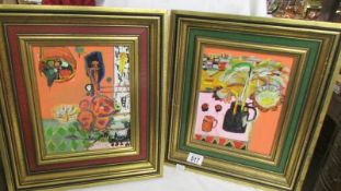 A pair of late 20th-century British School acrylic still life paintings in matching frames.