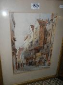 A framed and glazed watercolour street scene, signed but indistinct, see image. Collect only. 40 x