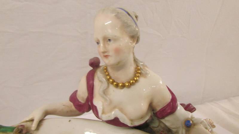 A pair of fine porcelain male and female figure/sweet meat dishes with crossed swords mark. - Image 5 of 9