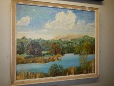 A circa 1950's oil on board painting signed with seal in corner. 86 x 57 cm.