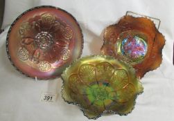 Three carnival glass dishes - Fenton amethyst droagon & lotus, Fenton amethyst double stem rose