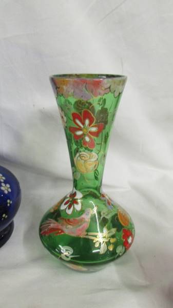 A pair of hand decorated green glass vases and three others. Collect only. Both green vases have a - Image 4 of 9