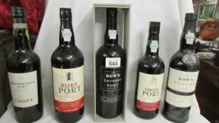 Five bottles of port - Dow's Renown, Dow's Crusted, Croft Distinction, Ruby and Tawny. Collect only.